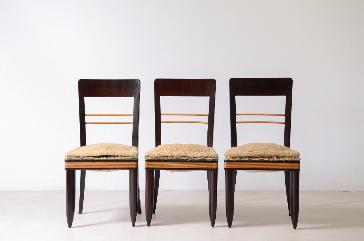 Six rare dark polished chairs with blond maple band and details, Marcello Piacentini, Italian Rationalism ca. 1925