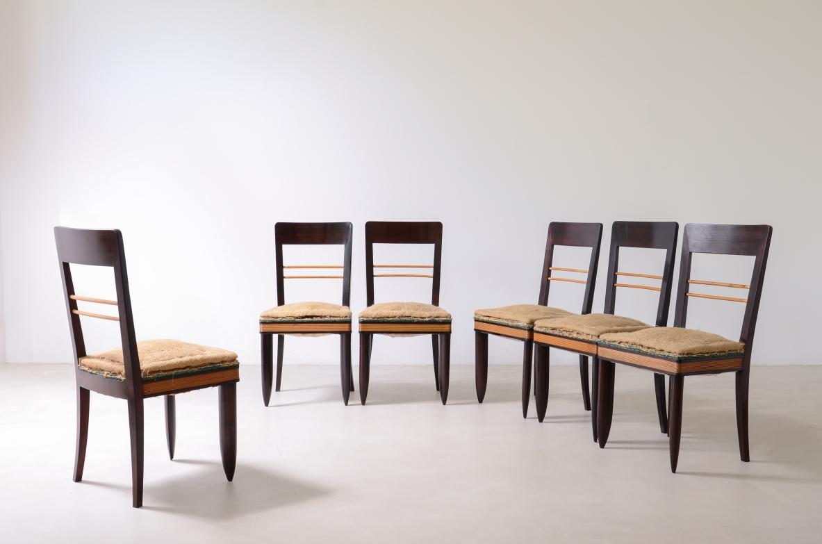 Six rare dark polished chairs with blond maple band and details, Marcello Piacentini, Italian Rationalism ca. 1925