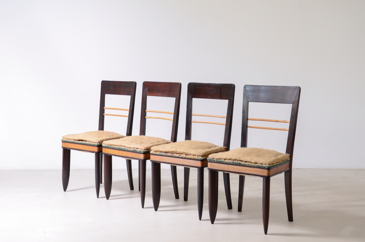 Six rare dark polished chairs with blond maple band and details, Marcello Piacentini, Italian Rationalism ca. 1925