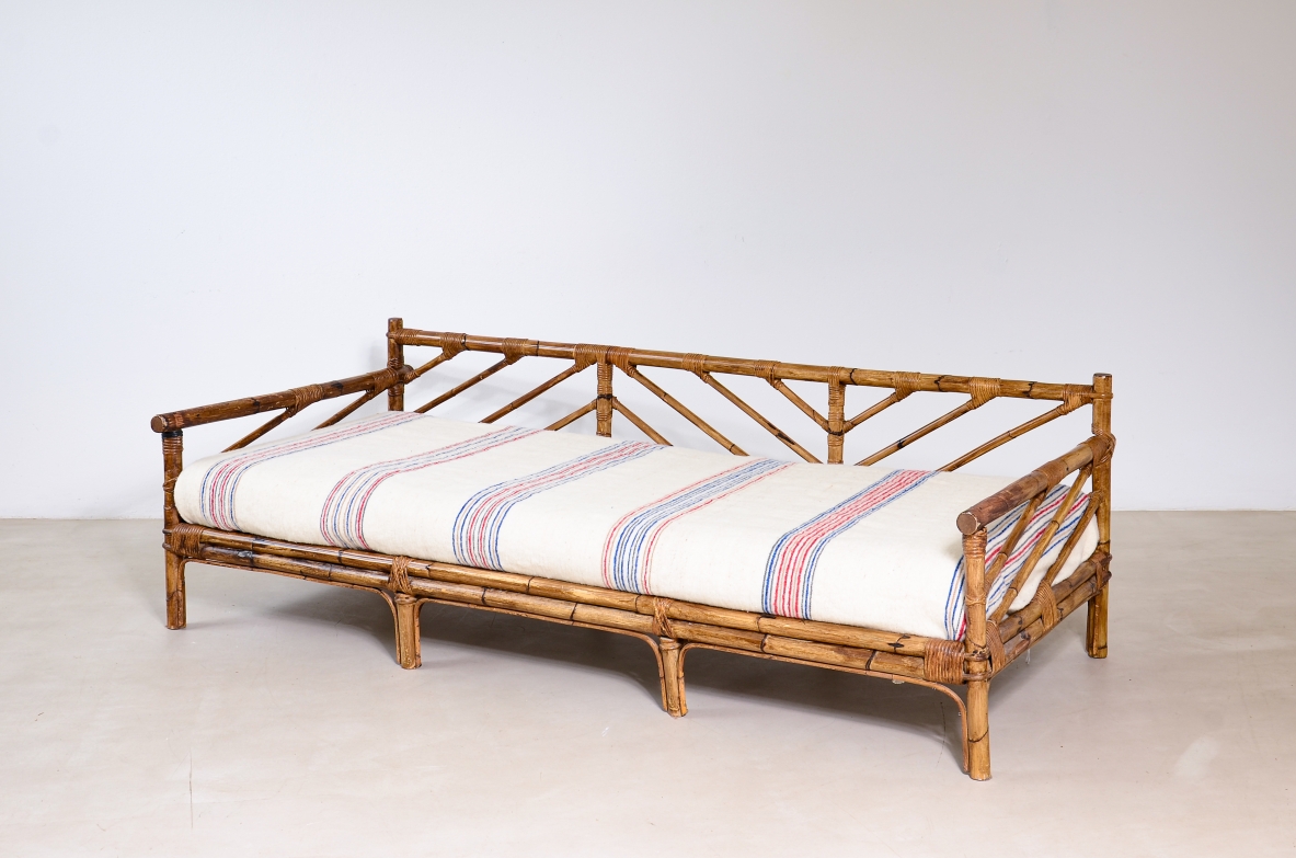 Sofa/bed in rattan and woven rush.  Manifactured by Vivai del Sud, Italy, ca.1960.