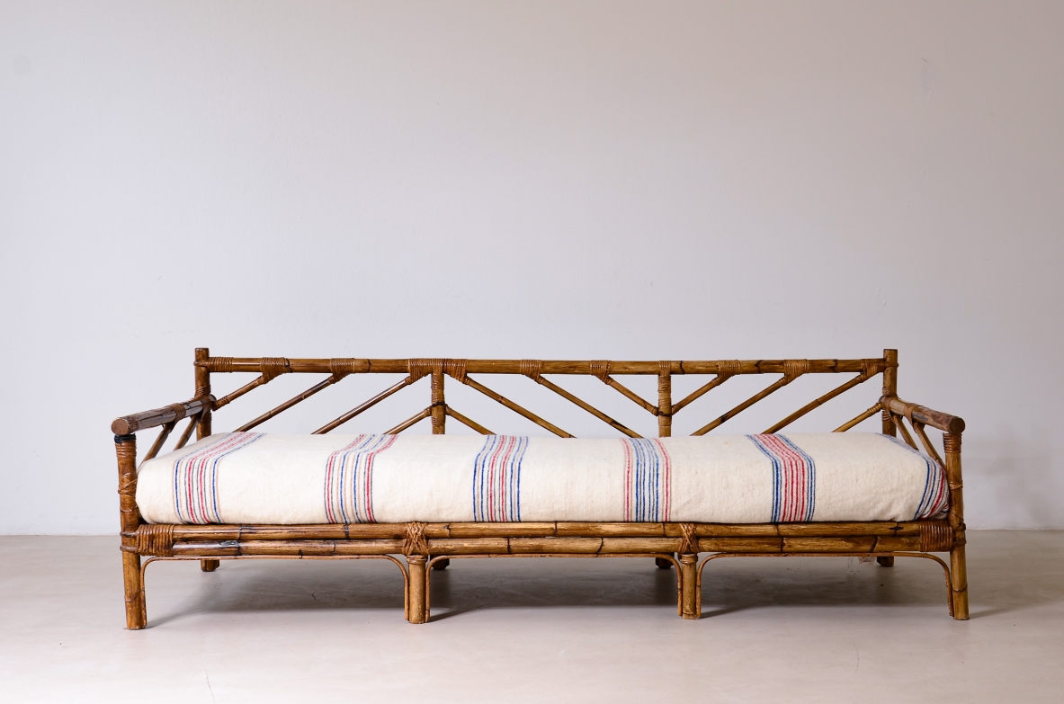 Sofa/bed in rattan and woven rush.  Manifactured by Vivai del Sud, Italy, ca.1960.