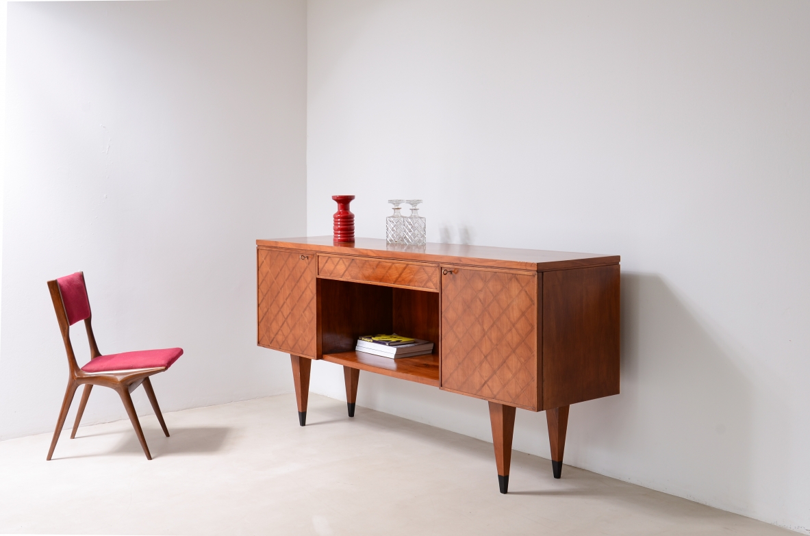 Gio Ponti,  splendid highboard with a wooden front inlaid with a checkerboard pattern, 1950