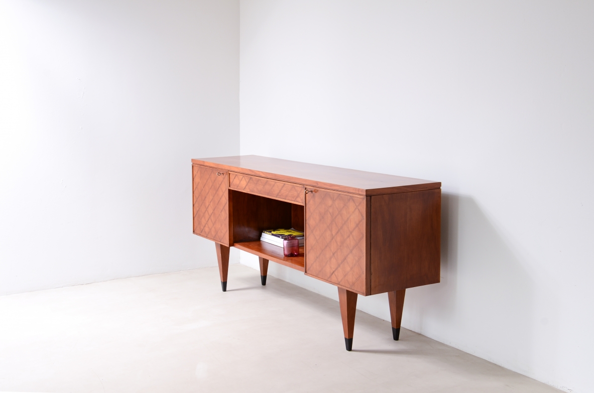 Gio Ponti,  splendid highboard with a wooden front inlaid with a checkerboard pattern, 1950