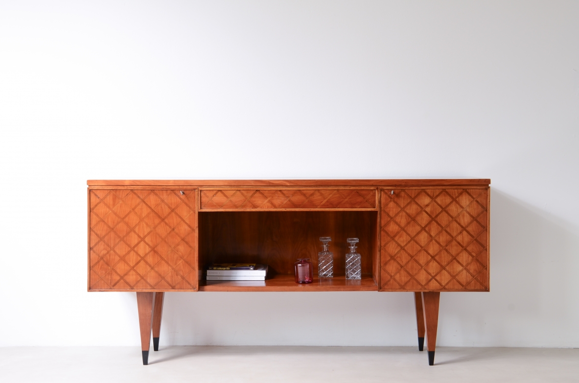Gio Ponti,  splendid highboard with a wooden front inlaid with a checkerboard pattern, 1950