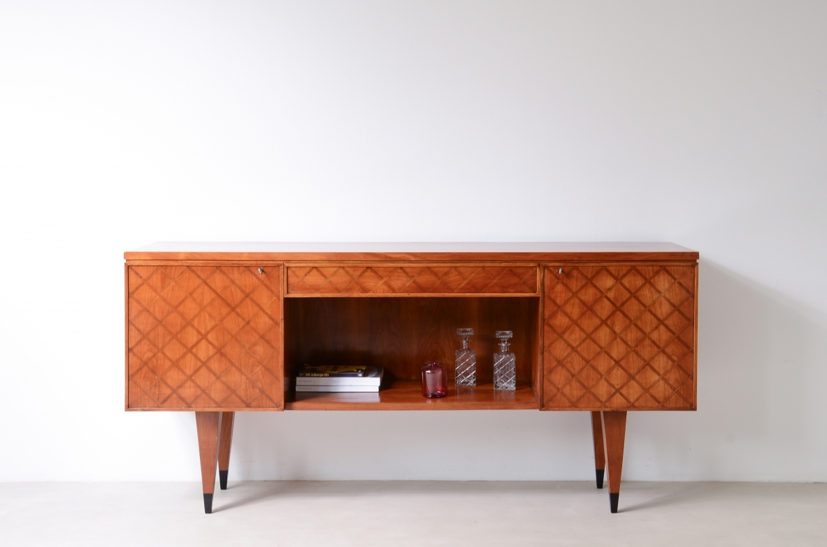 Gio Ponti,  splendid highboard with a wooden front inlaid with a checkerboard pattern, 1950
