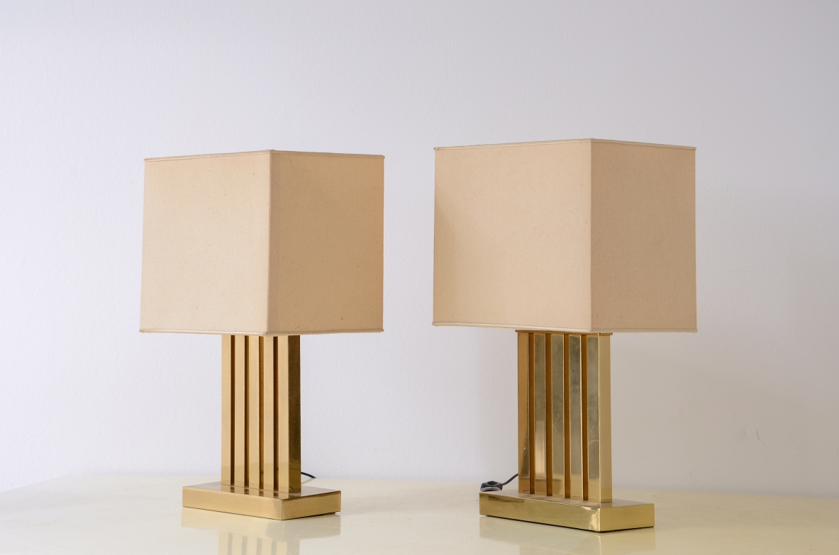Two polished brass table lamps with fabric shades.  Italian manufacture, circa 1970.