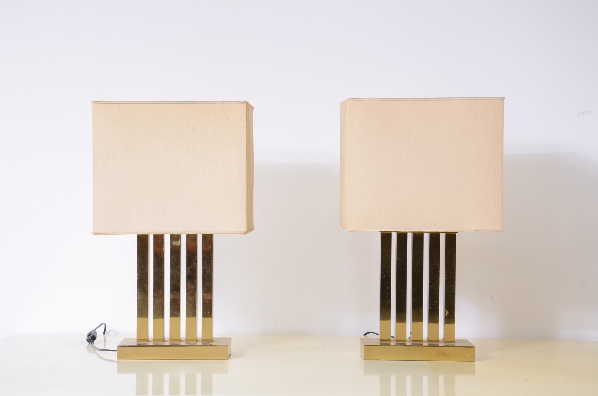 Two polished brass table lamps with fabric shades.  Italian manufacture, circa 1970.