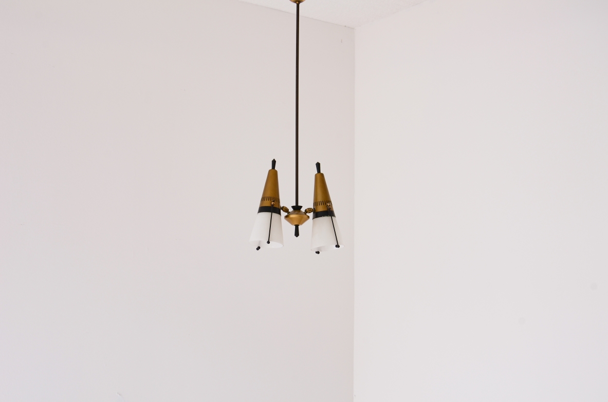 Small metal and brass chandelier with two opaline glass shades.1950