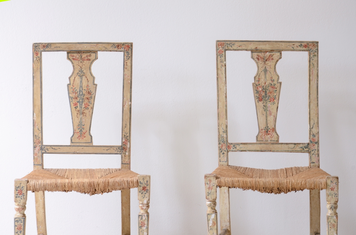 Rare pair of painted and lacquered wooden chairs.  Italian manufacture, Genoa, ca. 1790.