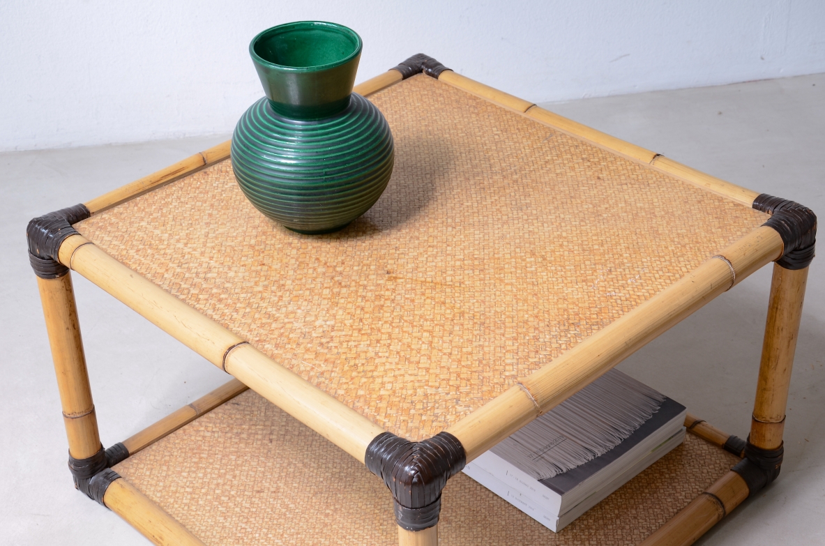 Two rattan, raffia, and leather coffee tables.  Italian-made, circa 1970s.