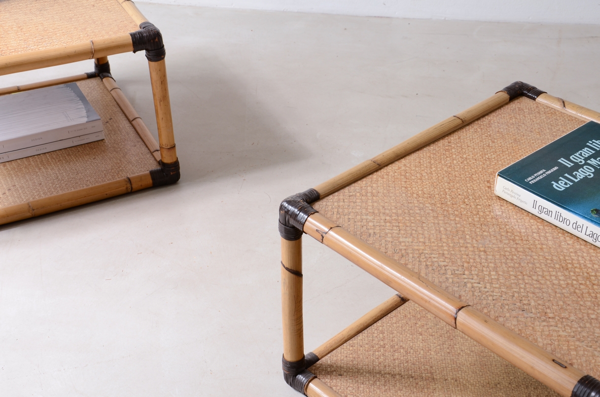 Two rattan, raffia, and leather coffee tables.  Italian-made, circa 1970s.