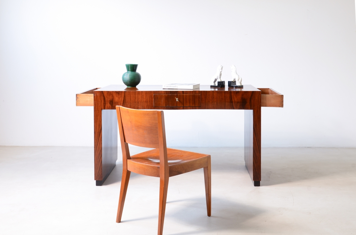 Giuseppe Pagano, Flamed walnut desk with bands and uprights