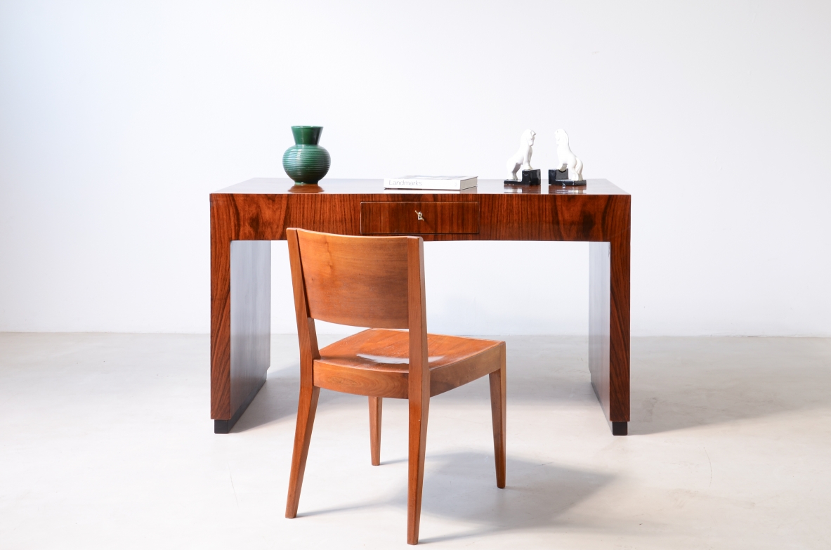 Giuseppe Pagano, Flamed walnut desk with bands and uprights