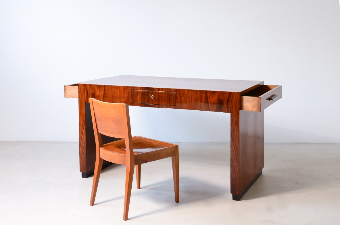 Giuseppe Pagano, Flamed walnut desk with bands and uprights