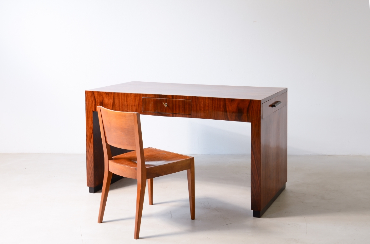 Giuseppe Pagano, Flamed walnut desk with bands and uprights