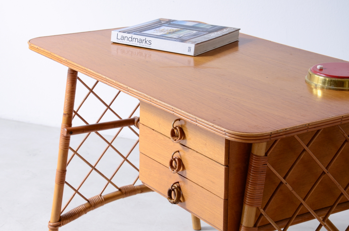 Oak and white woven center desk. Made in France, ca. 1960.
