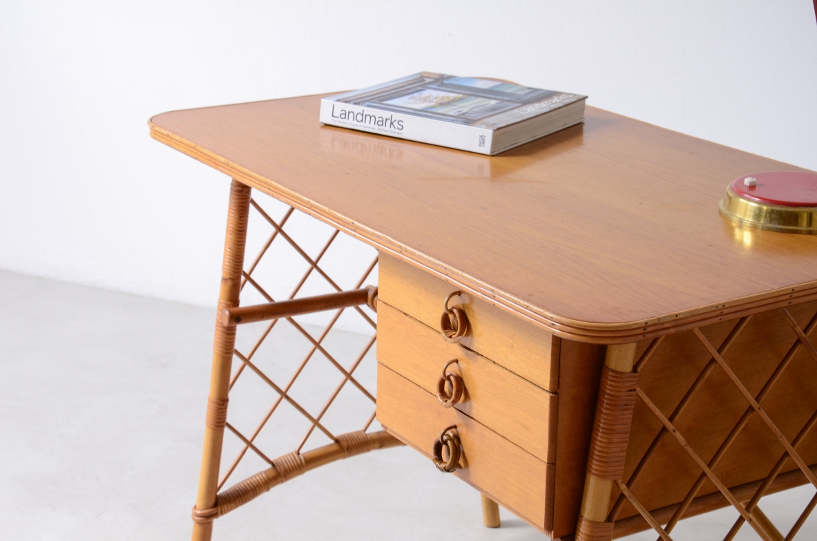Oak and white woven center desk. Made in France, ca. 1960.