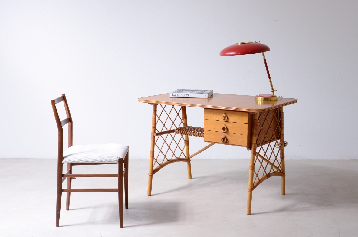Oak and white woven center desk. Made in France, ca. 1960.