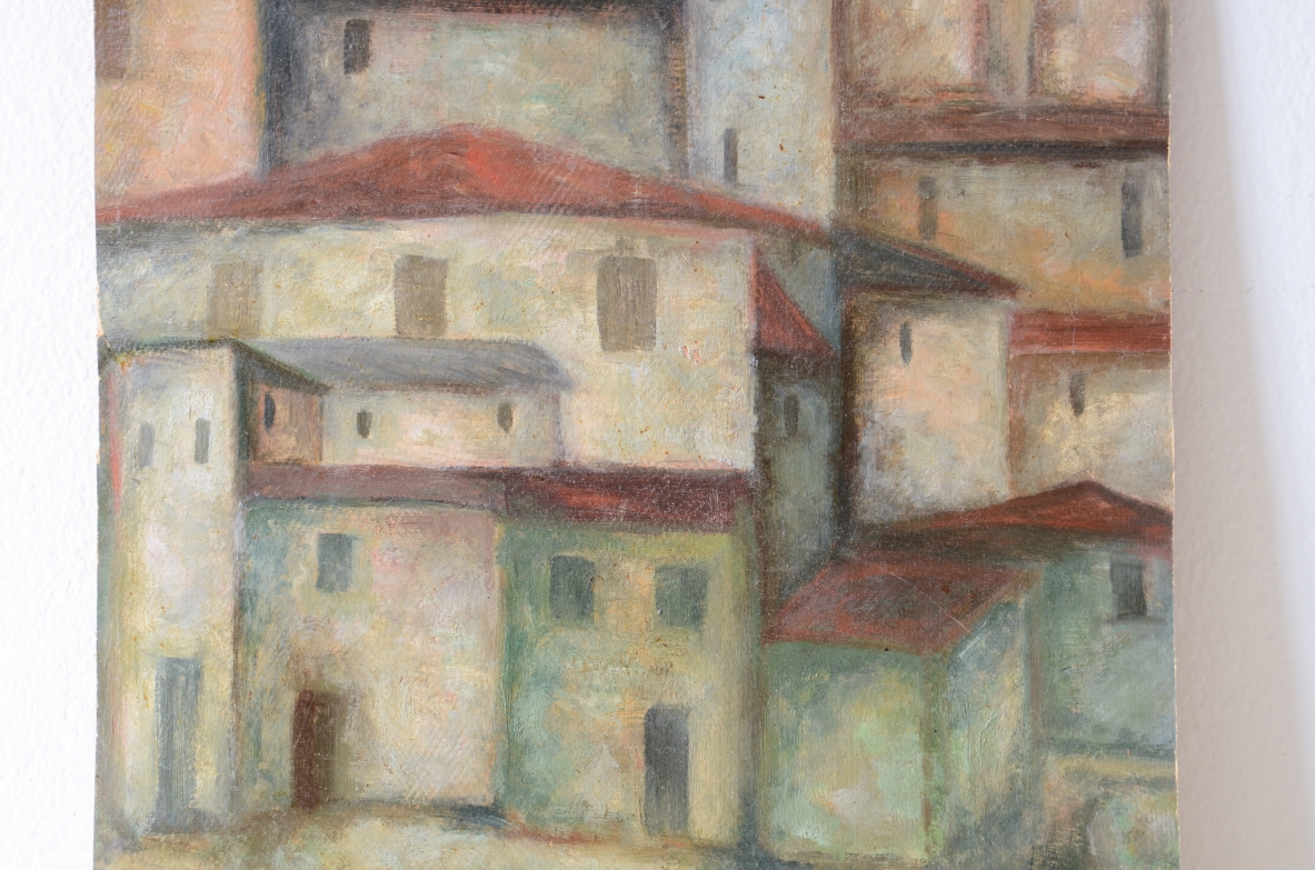 Paesaggio metafisico.  Olio su cartoncino, 1900-1920ca.