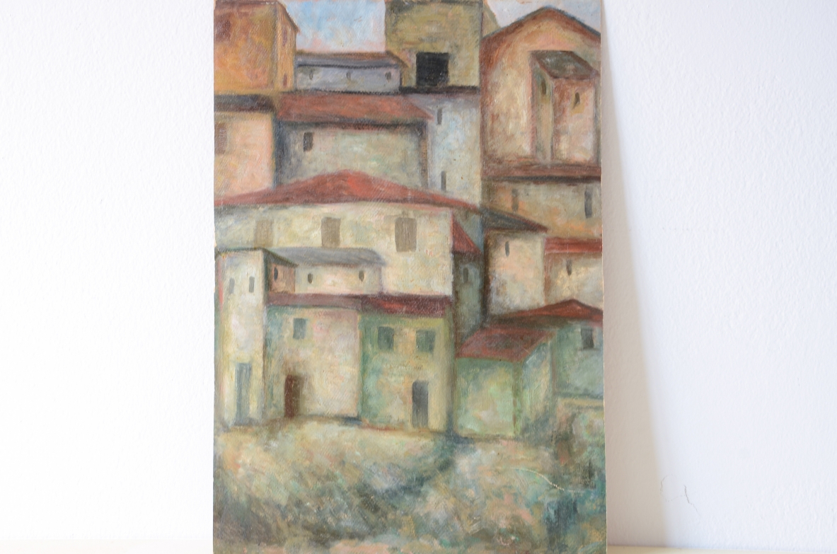 Paesaggio metafisico.  Olio su cartoncino, 1900-1920ca.