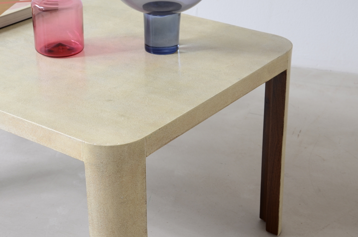 Elegant parchment-covered wooden coffee table, Italian manufacture-circa-1940
