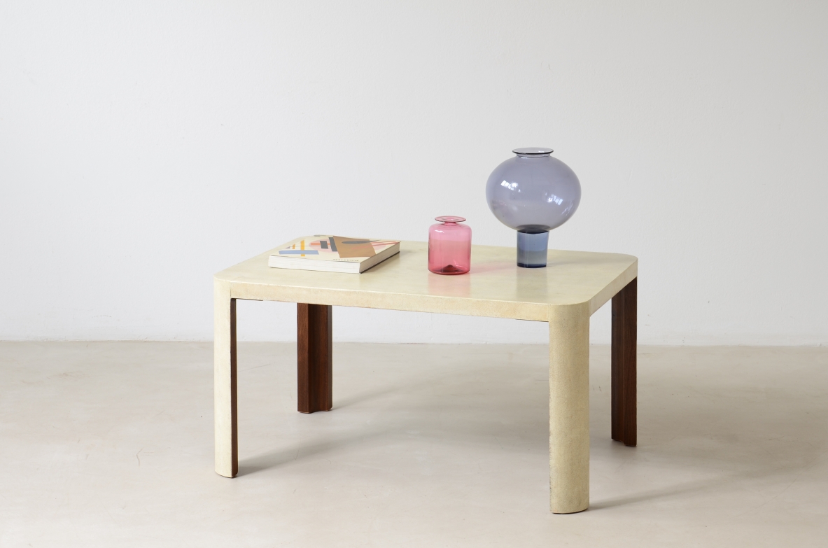 Elegant parchment-covered wooden coffee table, Italian manufacture, circa 1940.