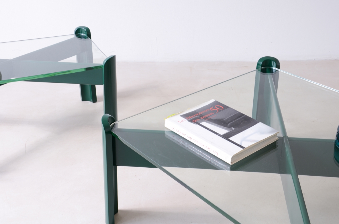 Luigi Caccia Dominioni, Two low living room tables in lacquered wood, Azucena Manufactory, 1960. with thick glass