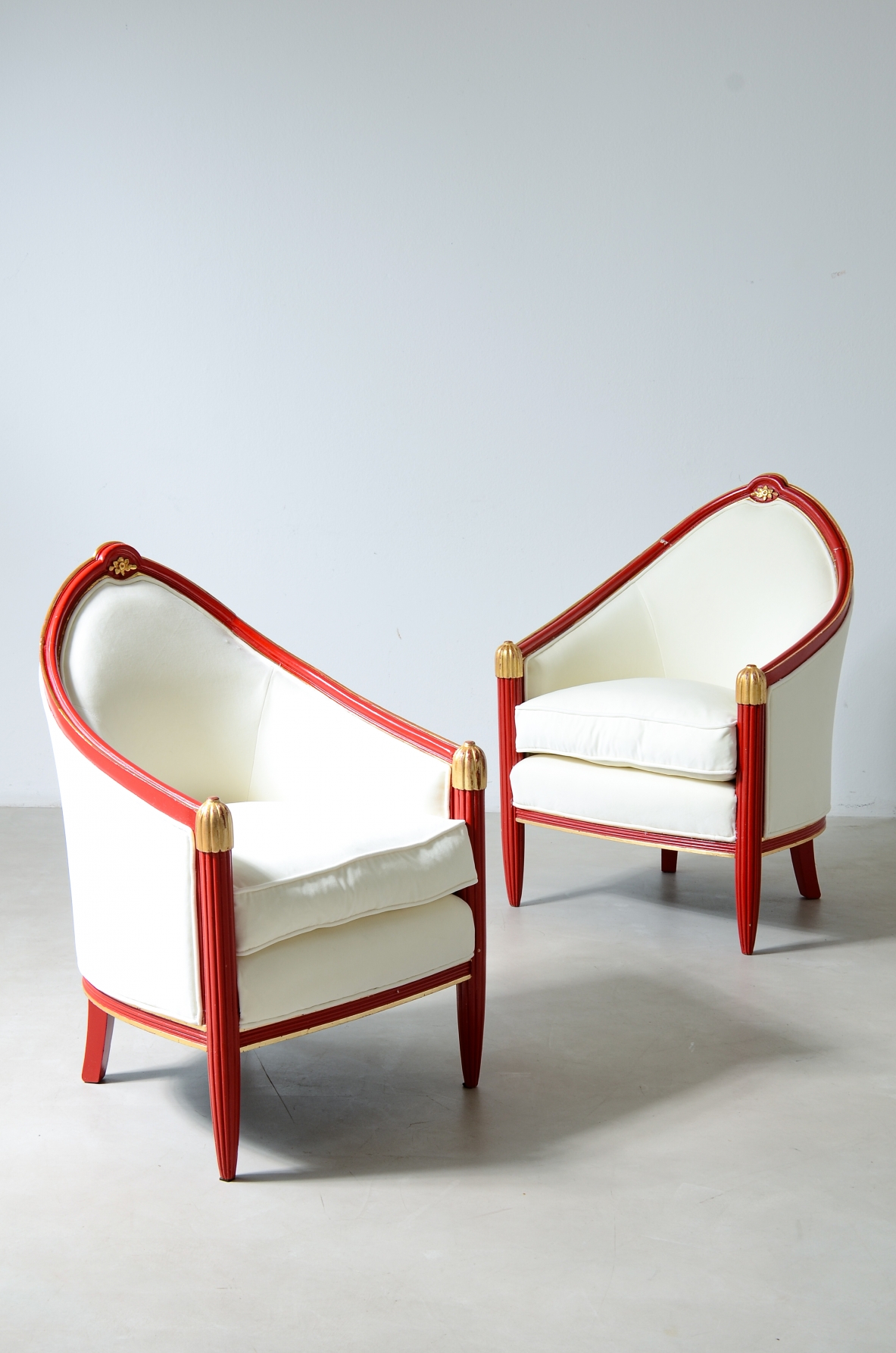 pair of lacquered and gilded wood tub chairs France, circa 1930.