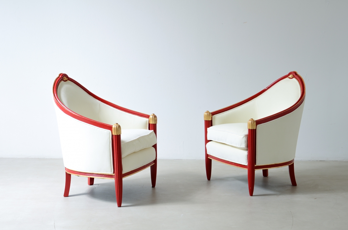 pair of lacquered and gilded wood tub chairs France, circa 1930.