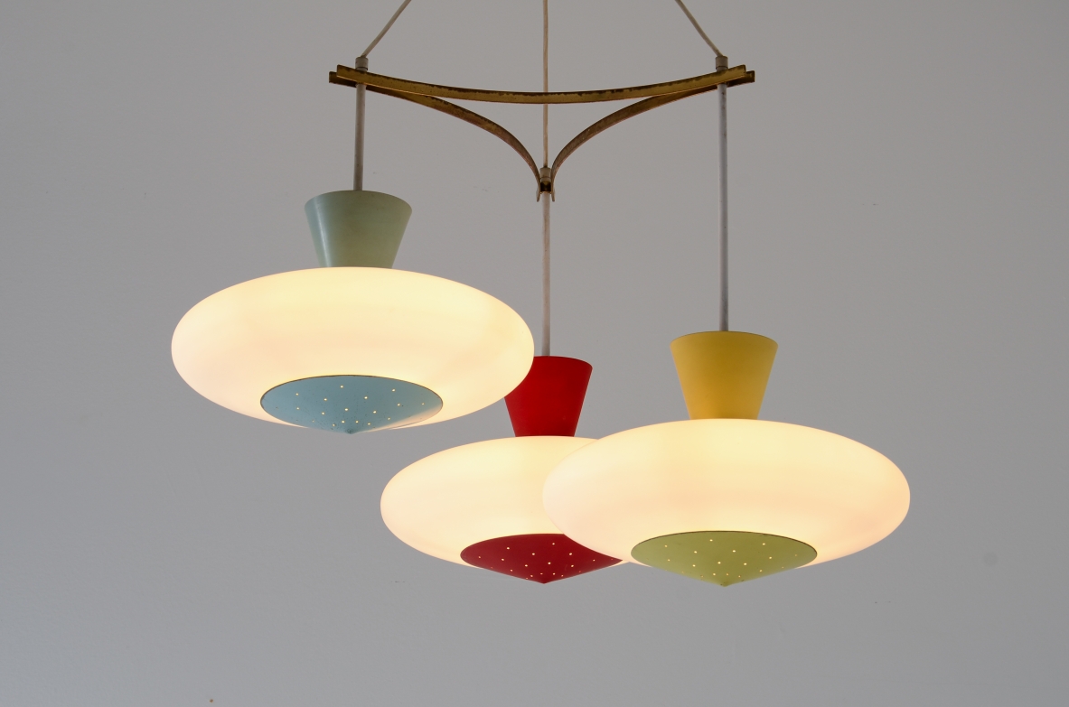 Stilux 1950's Milano. Unique three-light chandelier with a brass and painted metal frame.