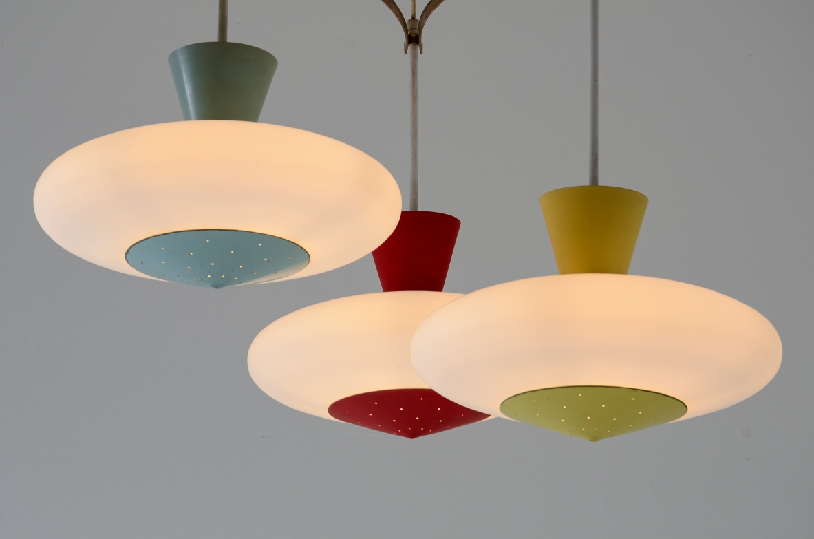 Stilux 1950's Milano. Unique three-light chandelier with a brass and painted metal frame.