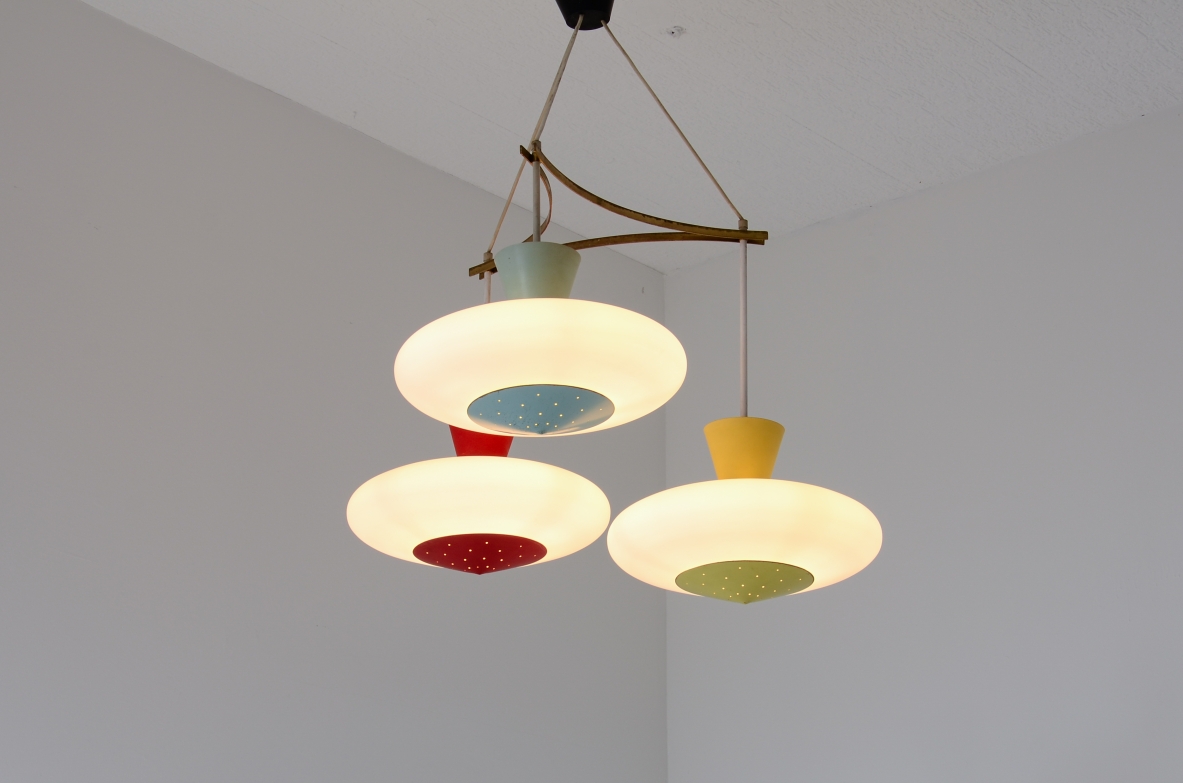 Stilux 1950's Milano. Unique three-light chandelier with a brass and painted metal frame.