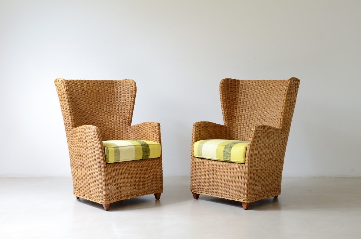 Two large woven rattan armchairs. Italian manufacture, circa 1960.