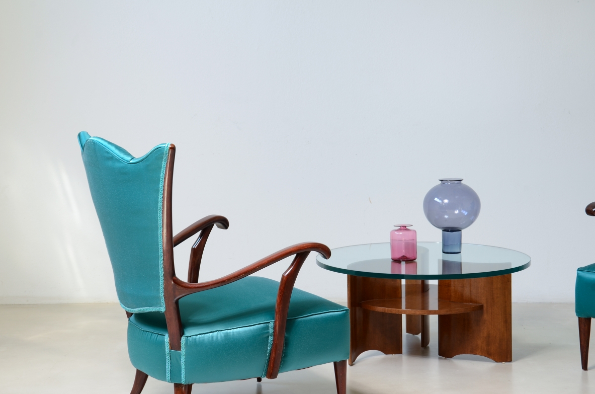 Pair of armchairs with an iron frame and woven rubber and rattan thread.Saporiti Italia, ca. 1950.