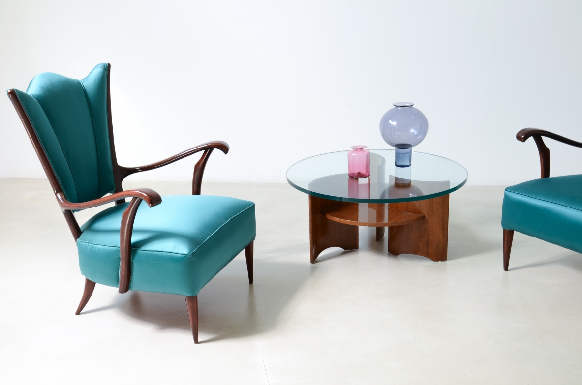 Pair of armchairs with an iron frame and woven rubber and rattan thread.Saporiti Italia, ca. 1950.