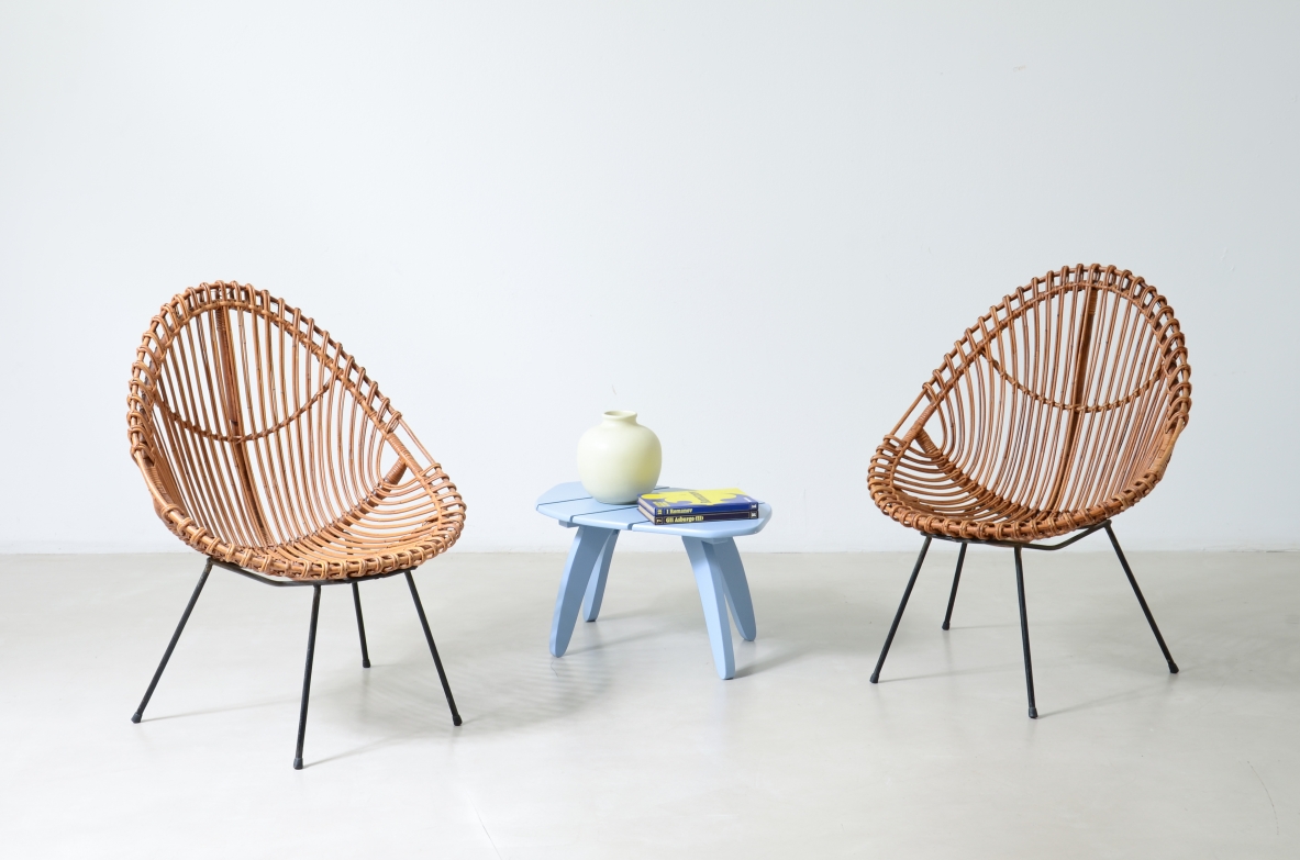Coppia di poltroncine a pozzetto in rattan curvato, Bonacina Italia, 1950ca.