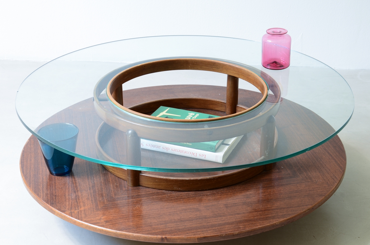 Gianfranco Frattini Large coffee table with wooden top and thick glass