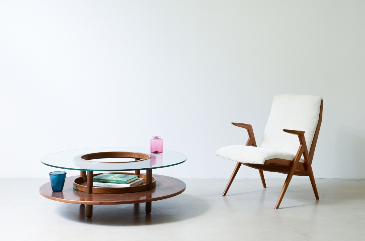 Gianfranco Frattini Large coffee table with wooden top and thick glass