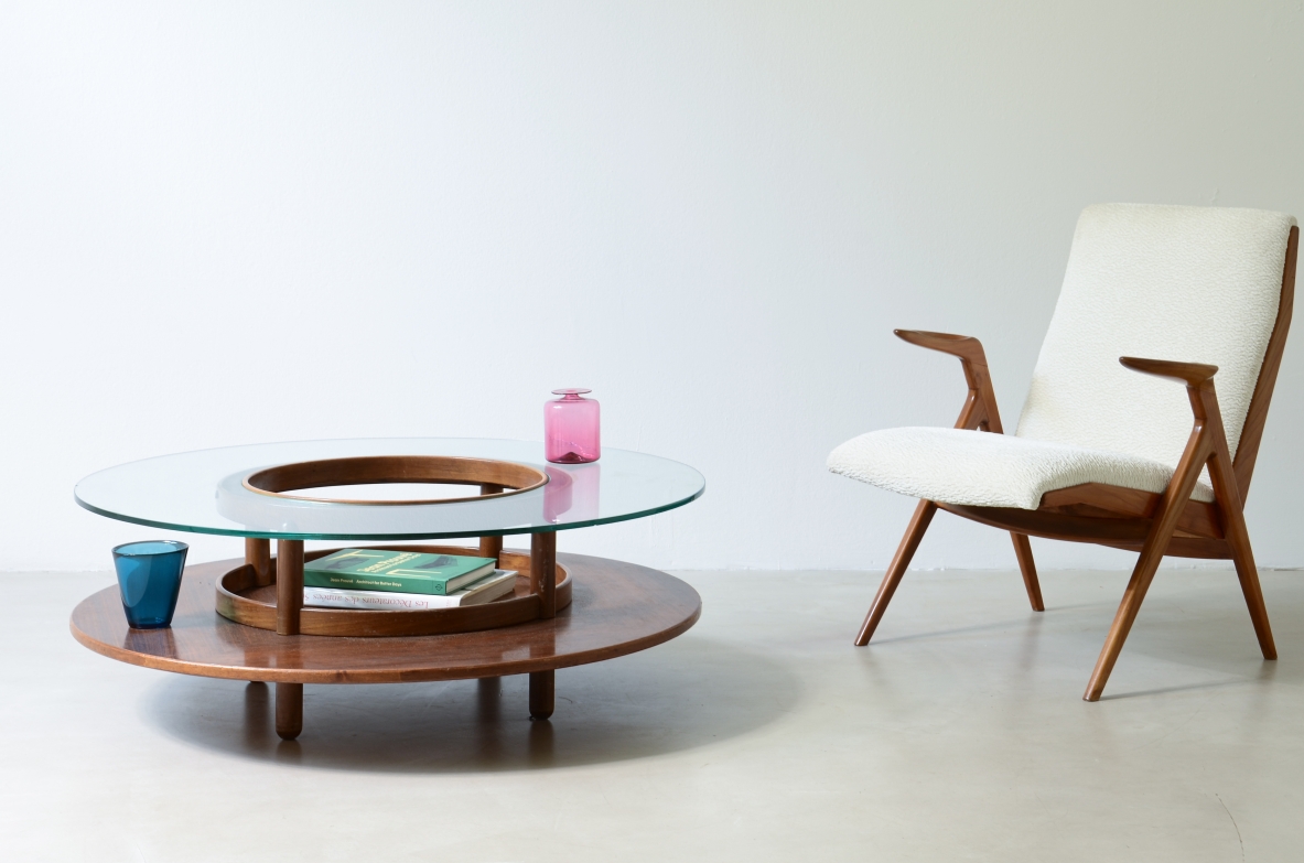 Gianfranco Frattini Large coffee table with wooden top and thick glass