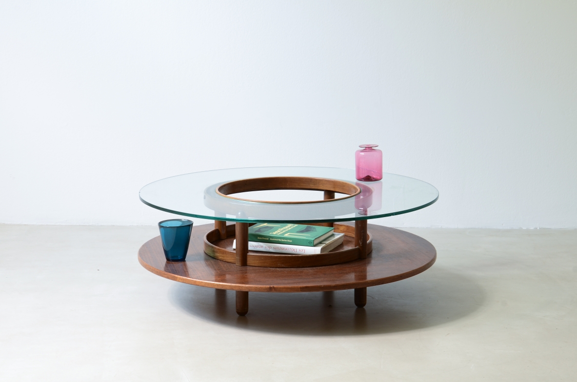 Gianfranco Frattini Large coffee table with wooden top and thick glass