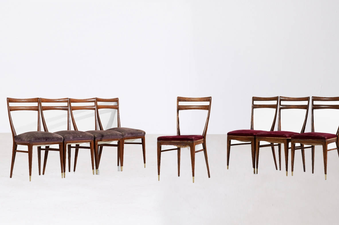 Guglielmo Ulrich Eight elegant turned walnut chairs, Manufactured by Arca Milano in the 1940s