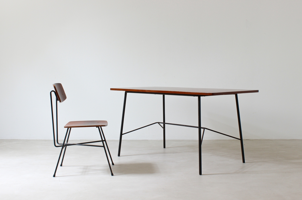 Gastone Rinaldi, 1950's desk in metalwork and mahogany, prod. by Rima.