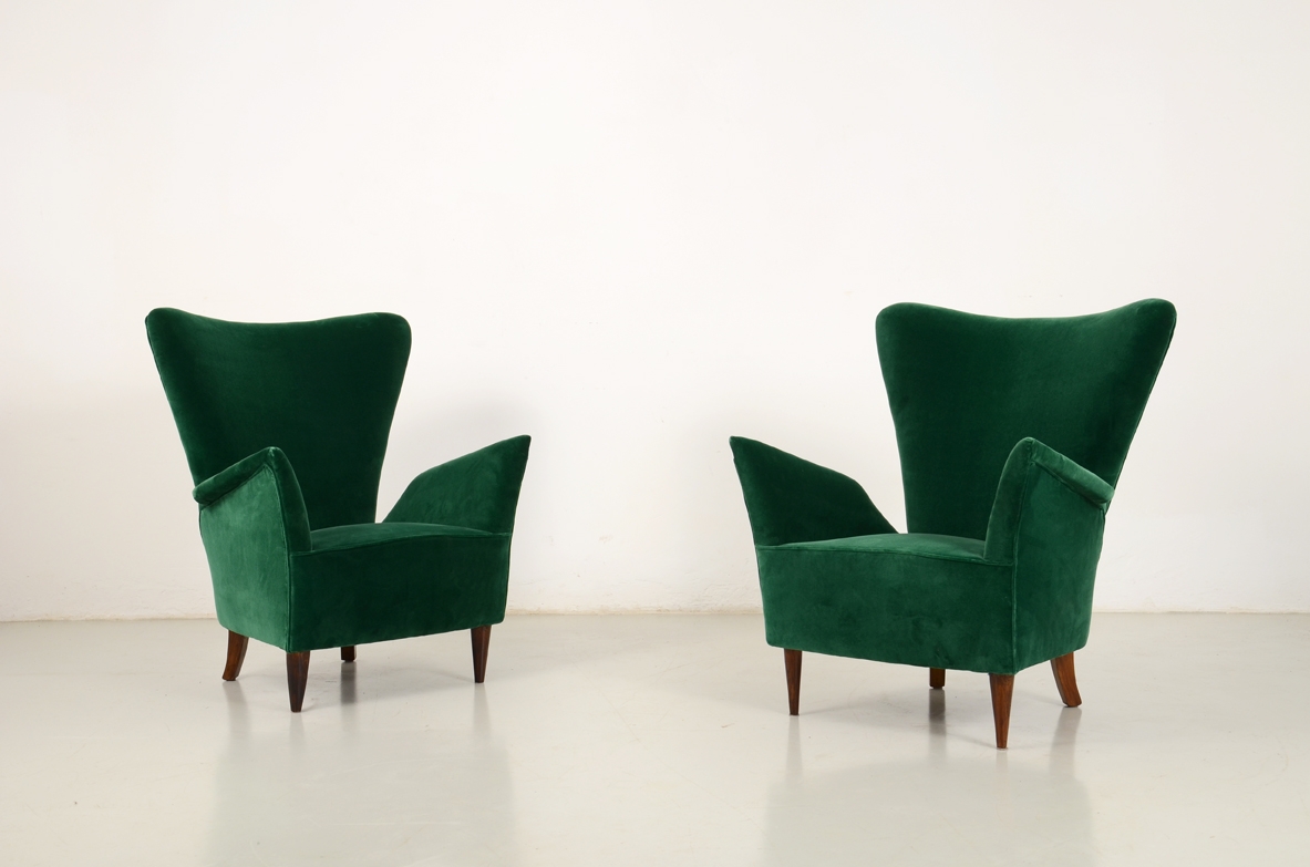 Pair of velvet armchairs, 1950's Italy.