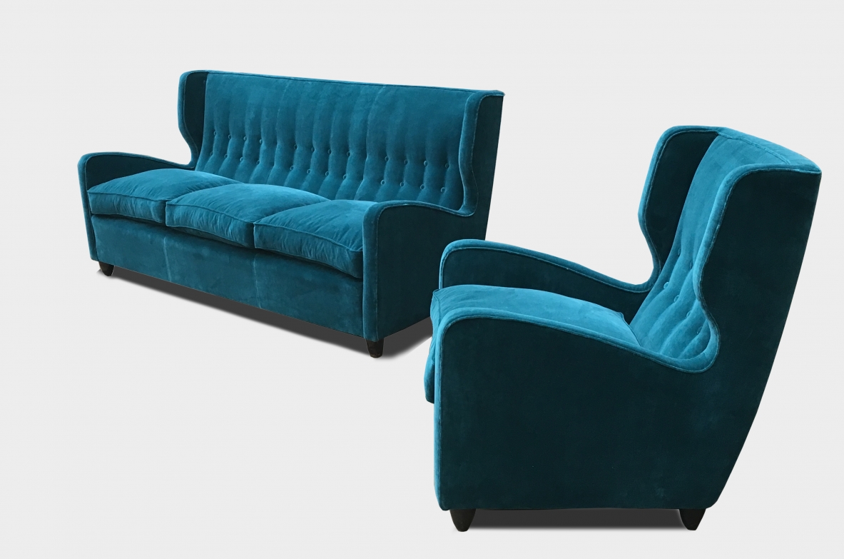 Melchiorre Bega, amazing set composed by a sofa and two armchairs, prod. Bega & C. Bologna 1940ca.