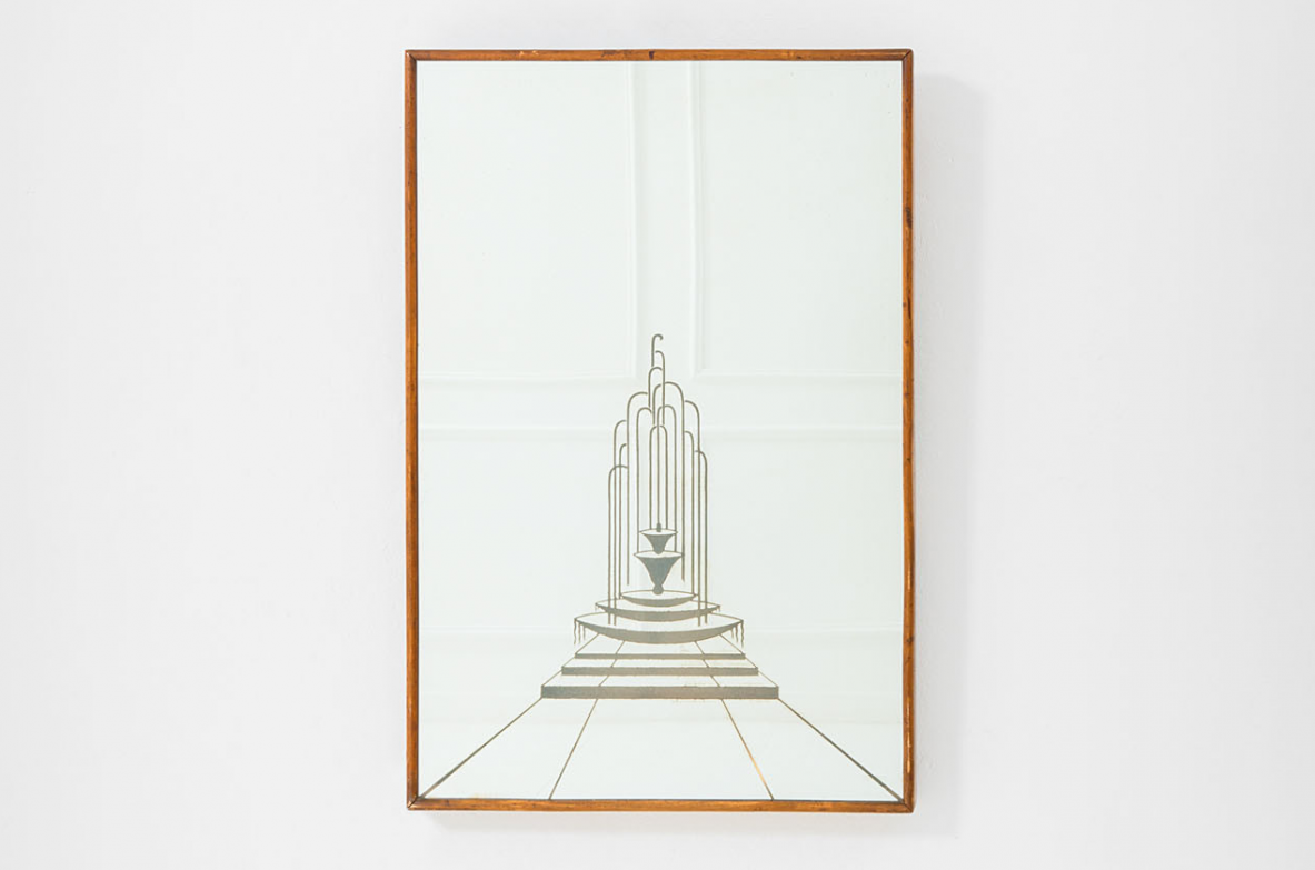 Splendid backlit wall mirror in wood and mirrored decorated crystal. Italy, 1930ca.