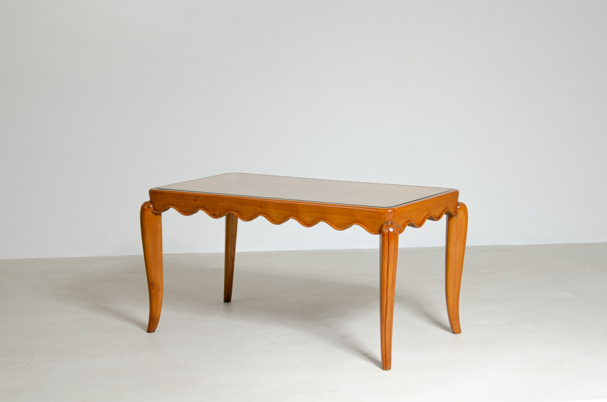 Paolo Buffa, raro tavolino in ciliegio con piano a stelline intarsiate in ottone, 1940ca.