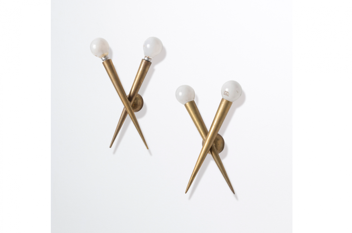 Pair of Italian 1950's wall lights in brass.