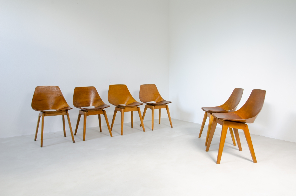 Pierre Gauriche, set di 6 sedute modello Amsterdam in legno curvato. Prod. Steiner, Francia 1950ca.