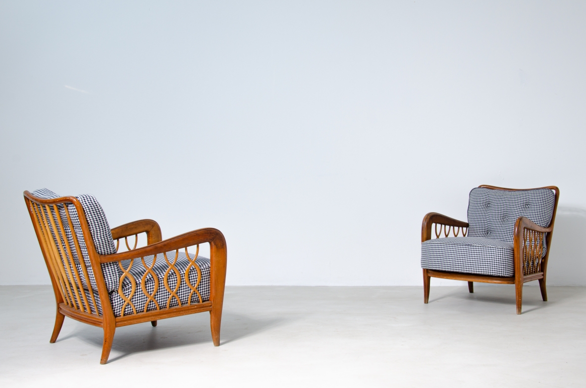 Paolo Buffa, pair of rare armchairs with ribbon motif in oak wood with upholstered fabric.