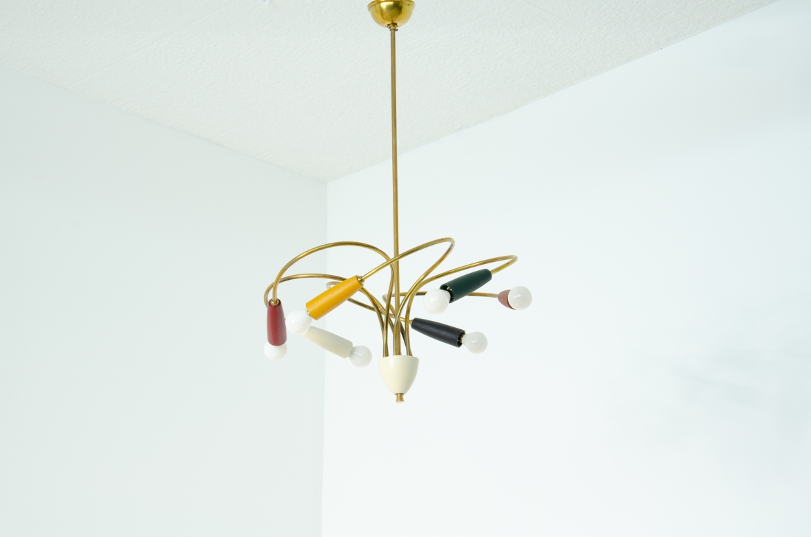 Small six-light chandelier in brass and colored metal.  Italian manufacture from the 1950s.